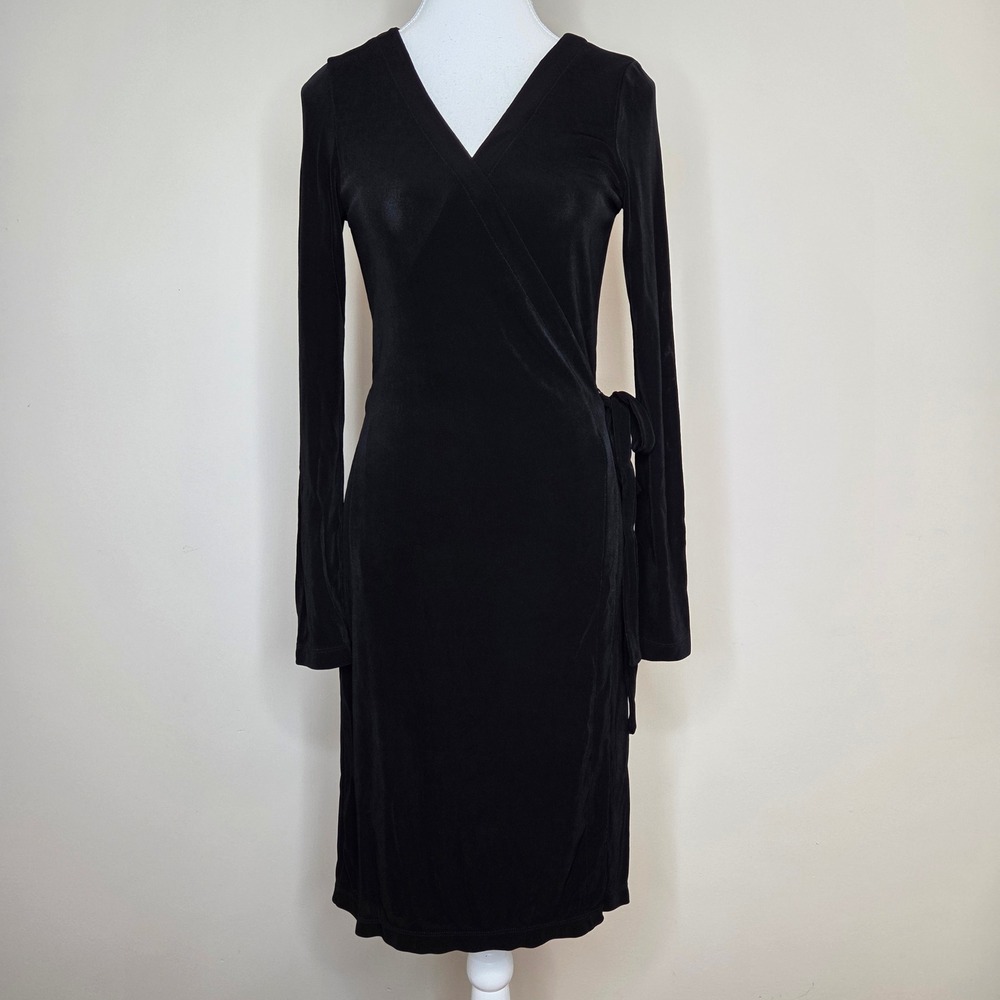 Boston Proper Black Ribbed Long Sleeve Wrap Midi Dress‎ Small